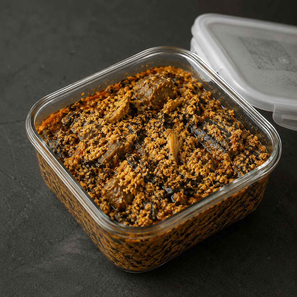 A glass container filled with rich egusi stew