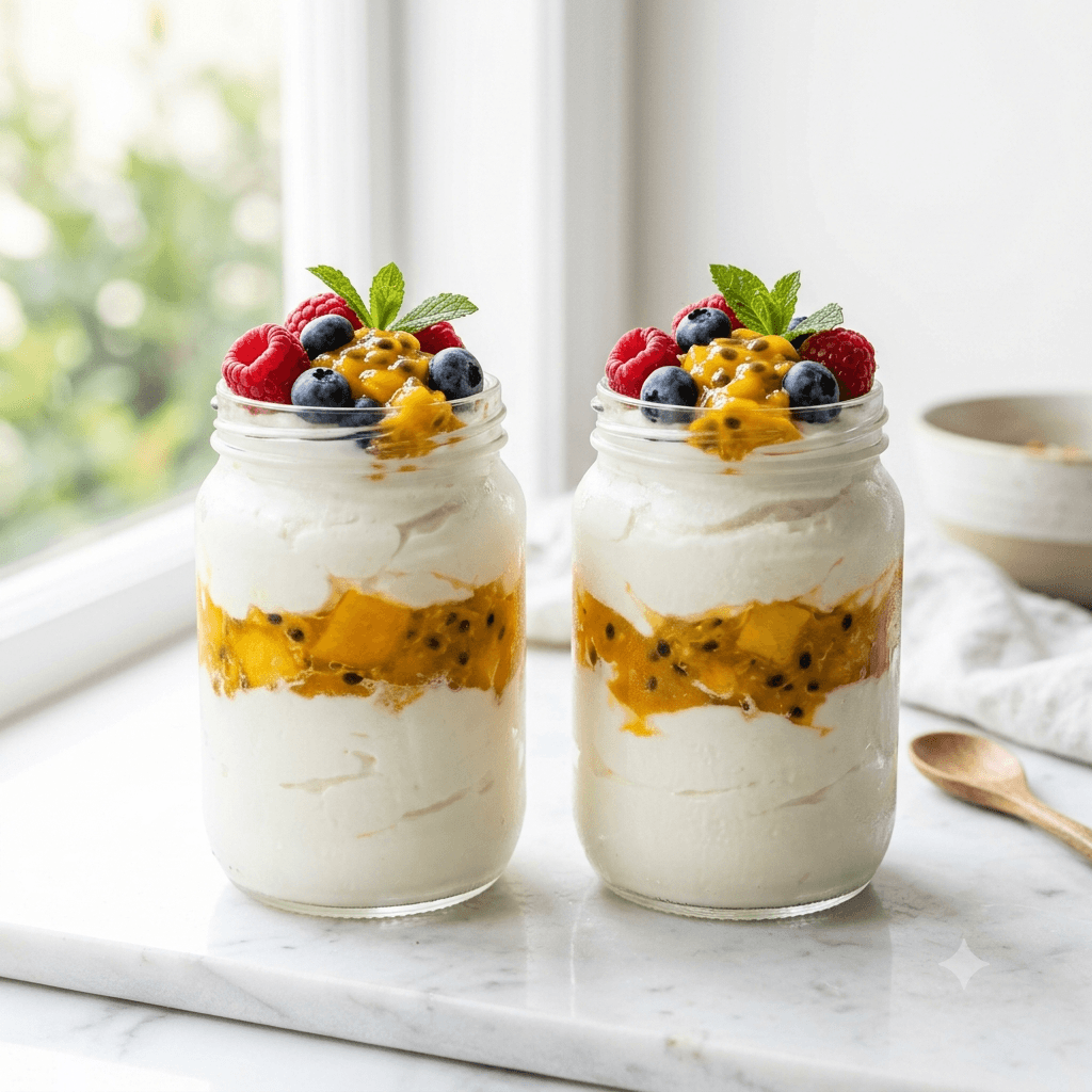 Two jars of thick Greek yogurt layered with mango and berries