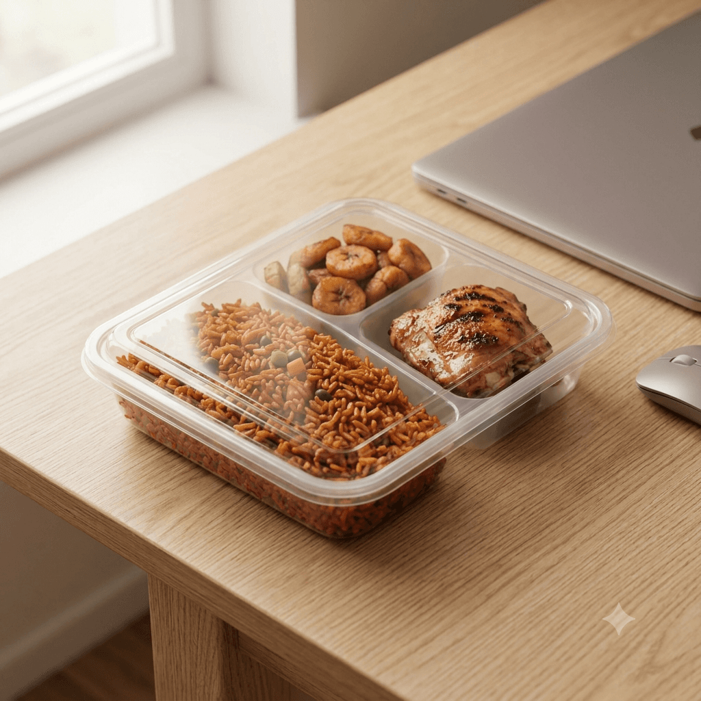 A single-serving container of jollof rice, chicken and plantain on a desk