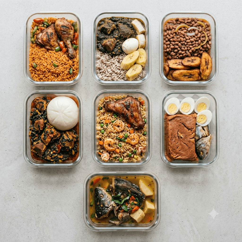 Seven containers of different Nigerian meals arranged in a grid
