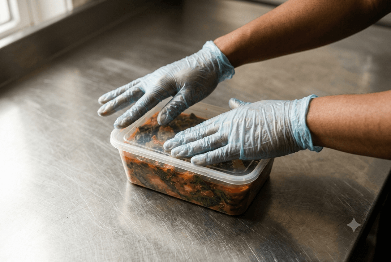 Hands carefully sealing a container of home-cooked food