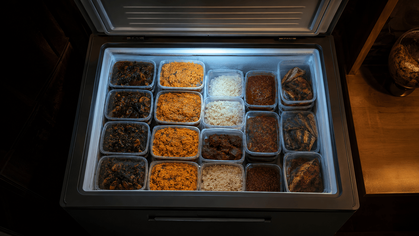 An open freezer stocked with containers of home-cooked stews, rice, soups and grilled fish