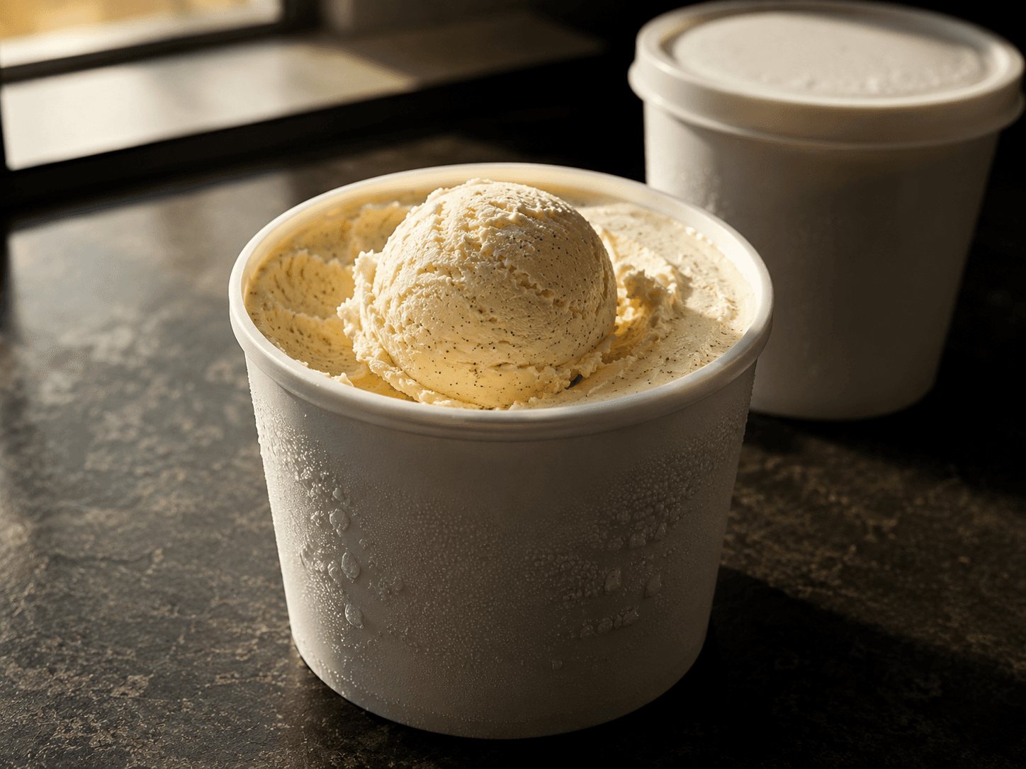 A tub of vanilla bean ice cream with a scoop on top, beside a sealed second tub